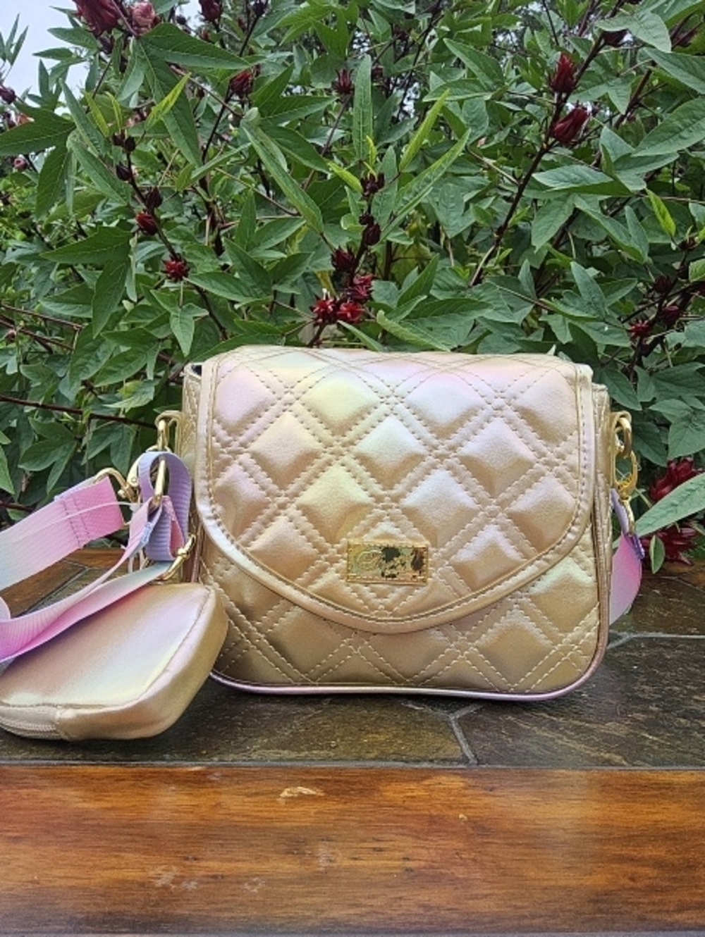 BESTEY JOHNSON GOLD PASTEL QUILTED LUV BETSEY CROSSBODY w/MATCHING POUCH